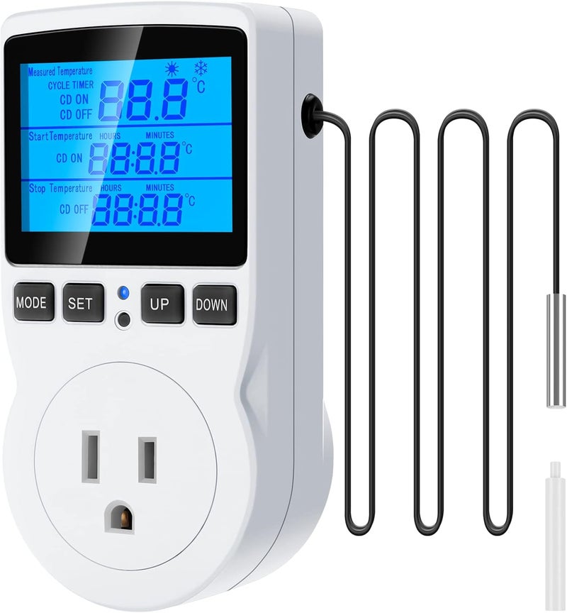 MakerHawk Digital Temperature Controller Thermostat Timer - Reptile Thermostat Controller Day Night Timer 1800W 120V 15A Temperature Controlled Outlet Plug Heating Cooling Control with Sensor （TC816） - Image 1